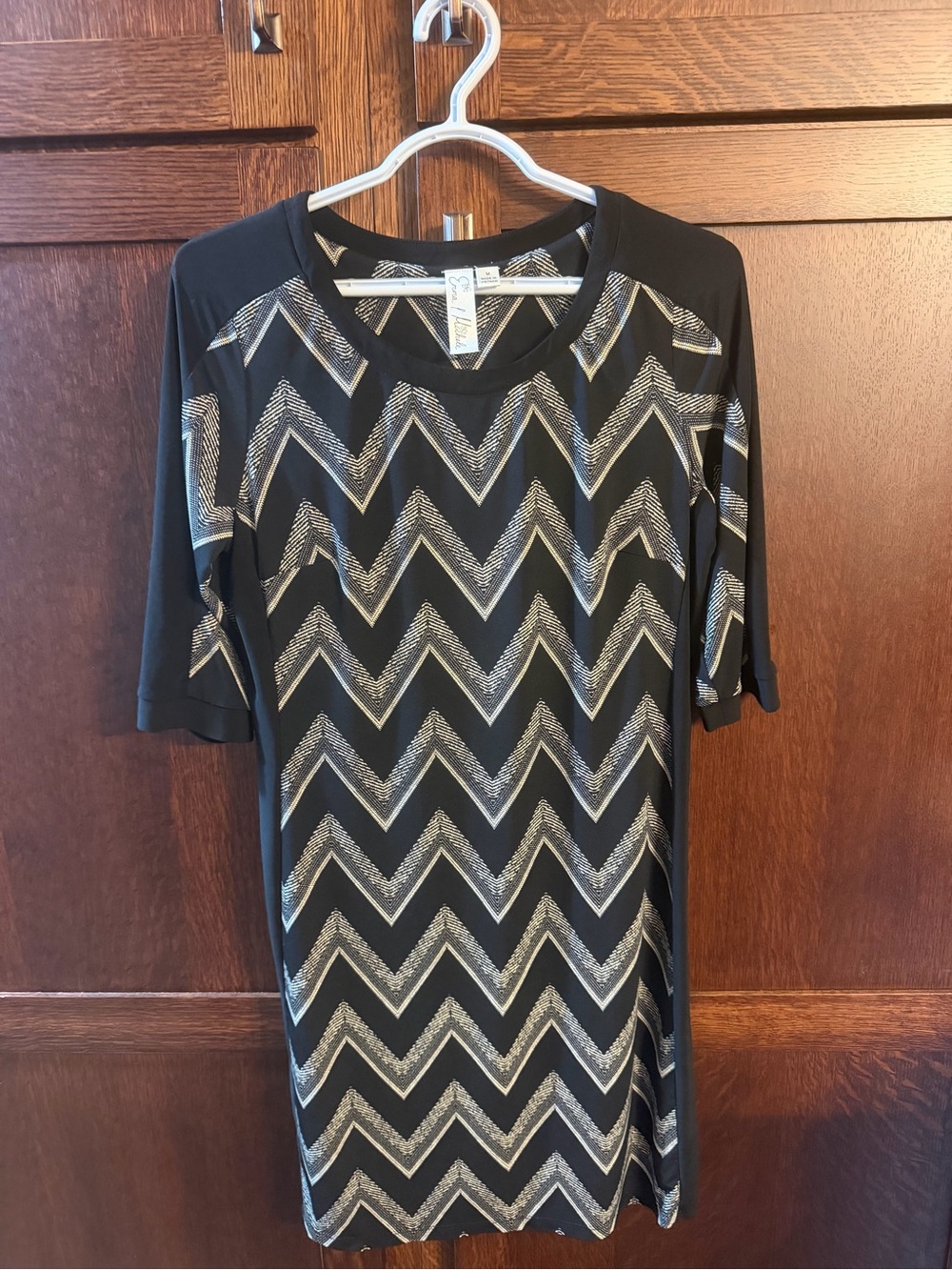 Black Chevron Midi Dress with Silver Accent